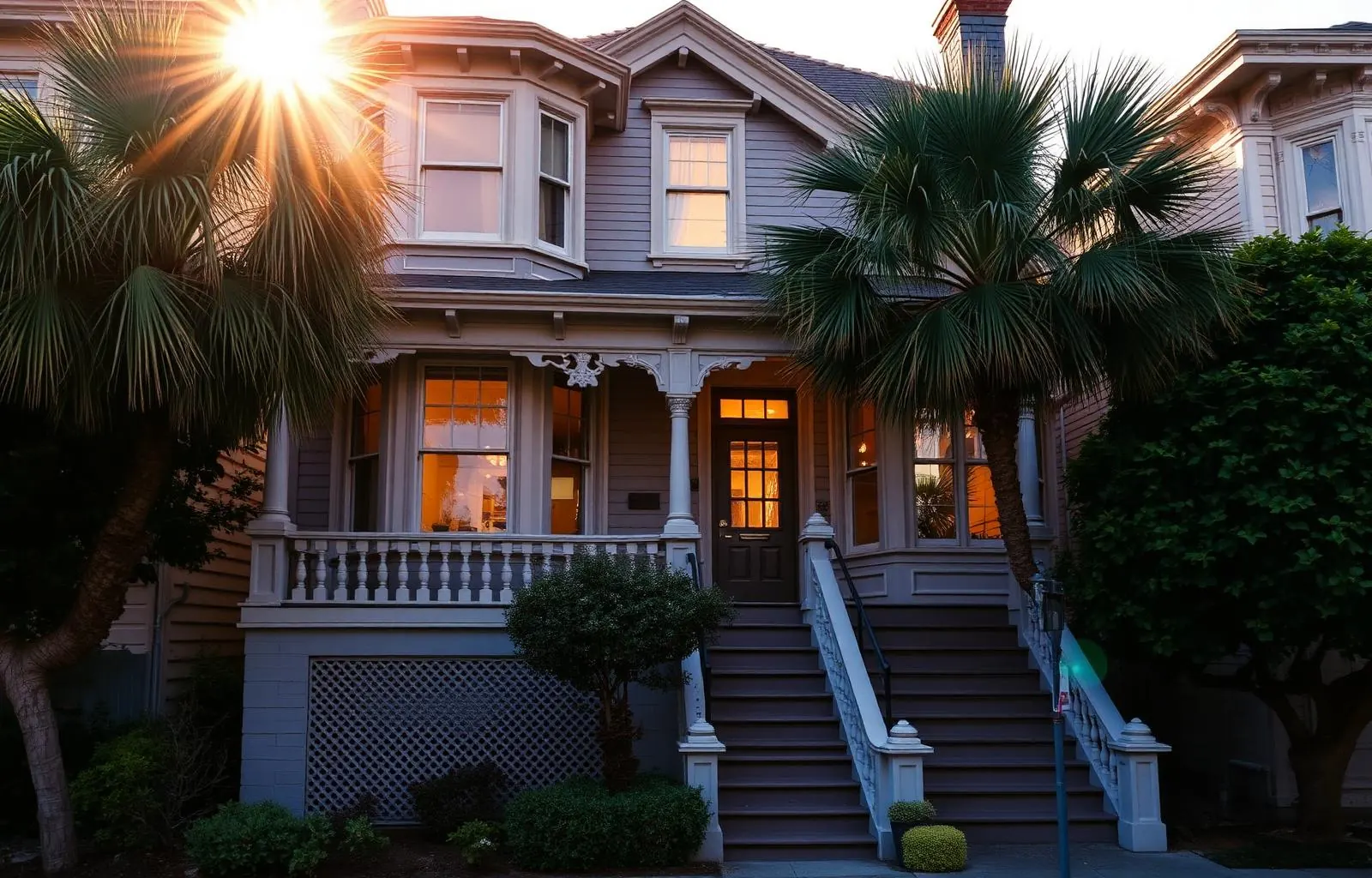 Warm San Francisco Victorian home at golden hour