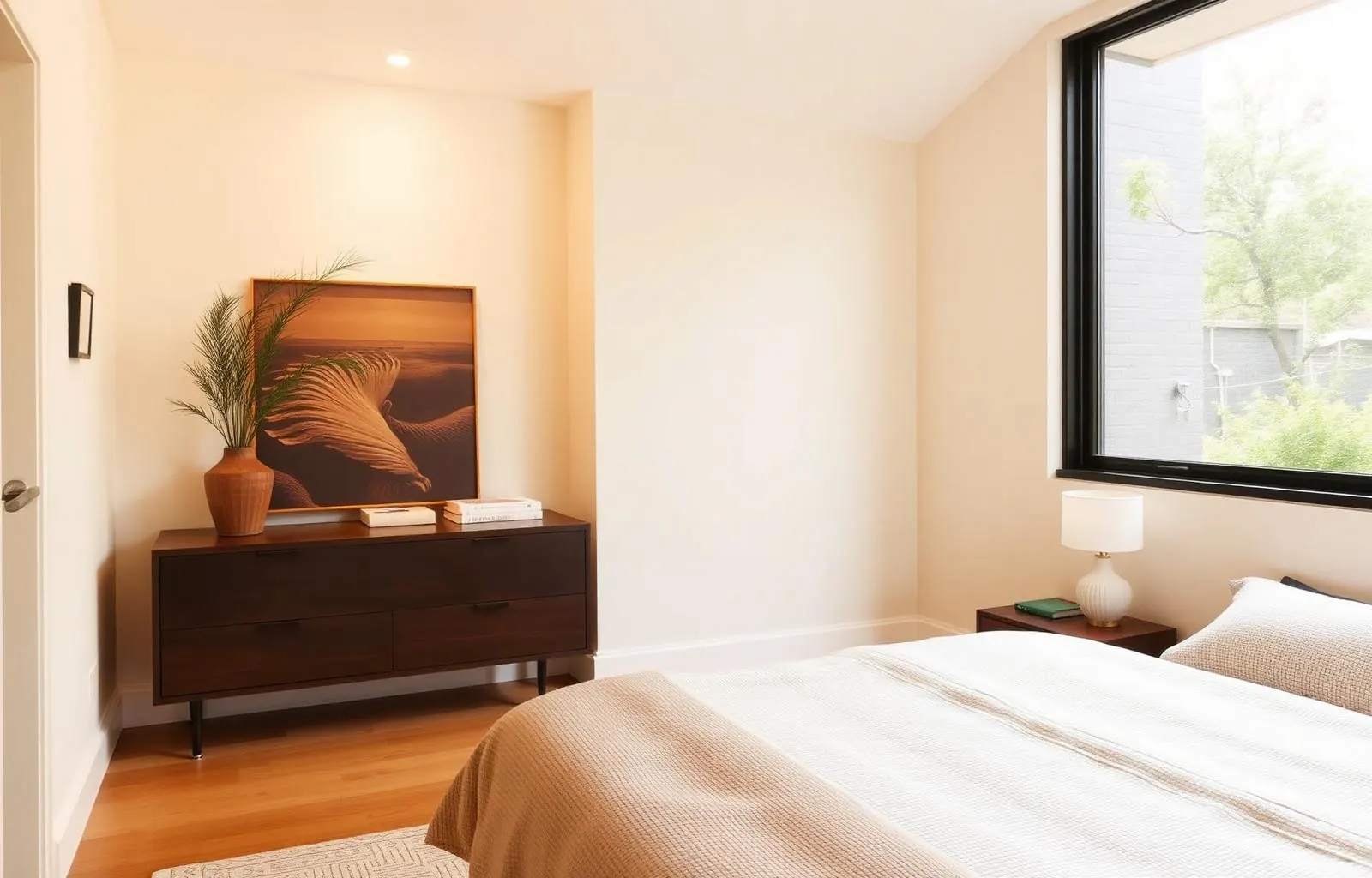 Warm bedroom in a furnished stay through Launch Quarters in San Francisco